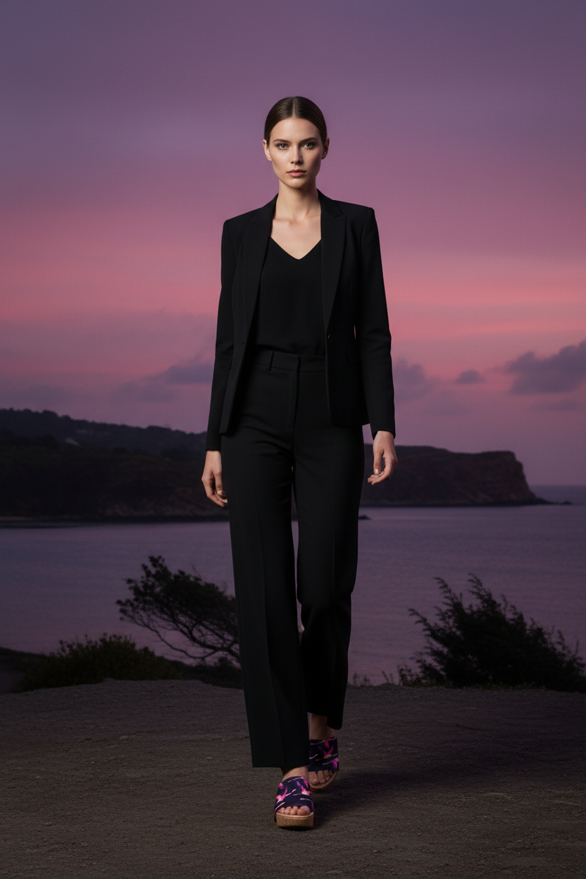 woman wearing Midnight Flamingo Flight Soule cork wedge sandals in smart casual outfit at stunning coastal twilight