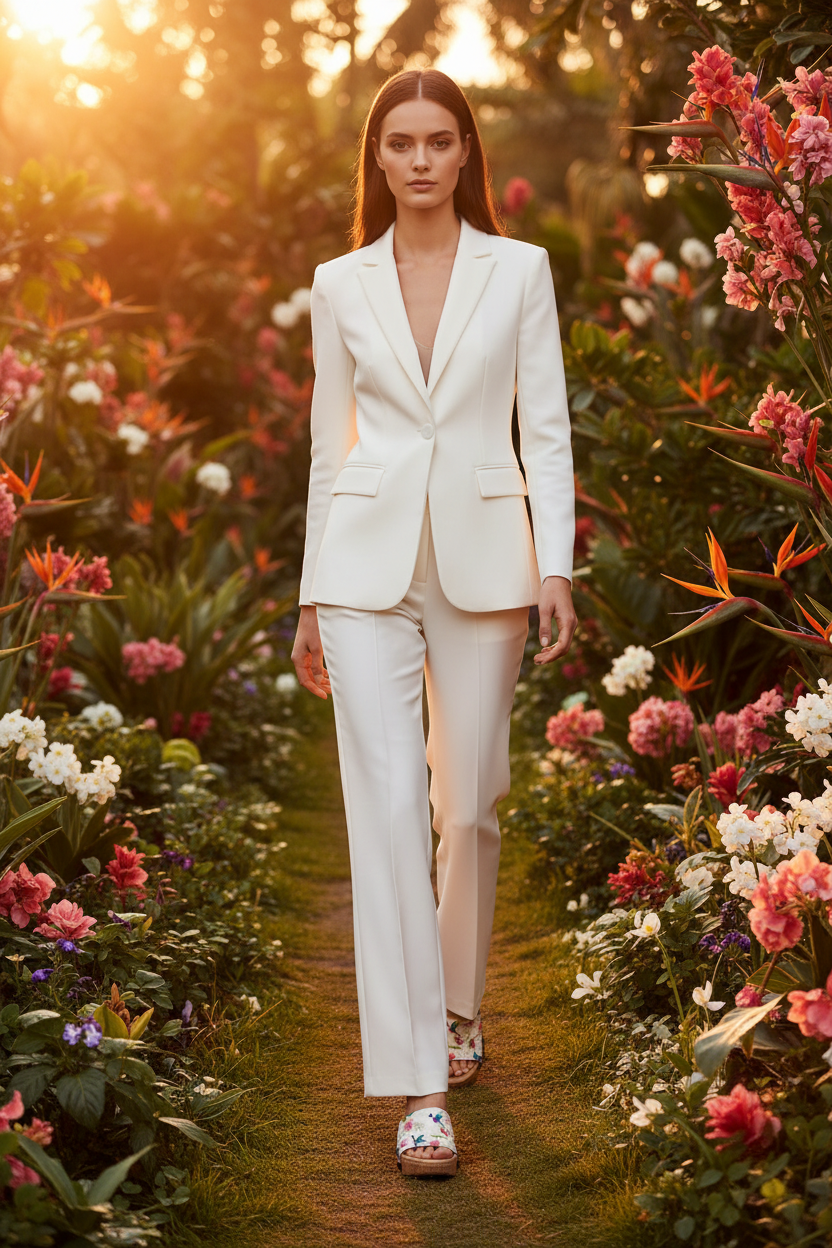  woman wearing Hummingbird Garden Soule cork wedge sandals in smart casual white outfit in breathtaking tropical garden paradise at golden hour