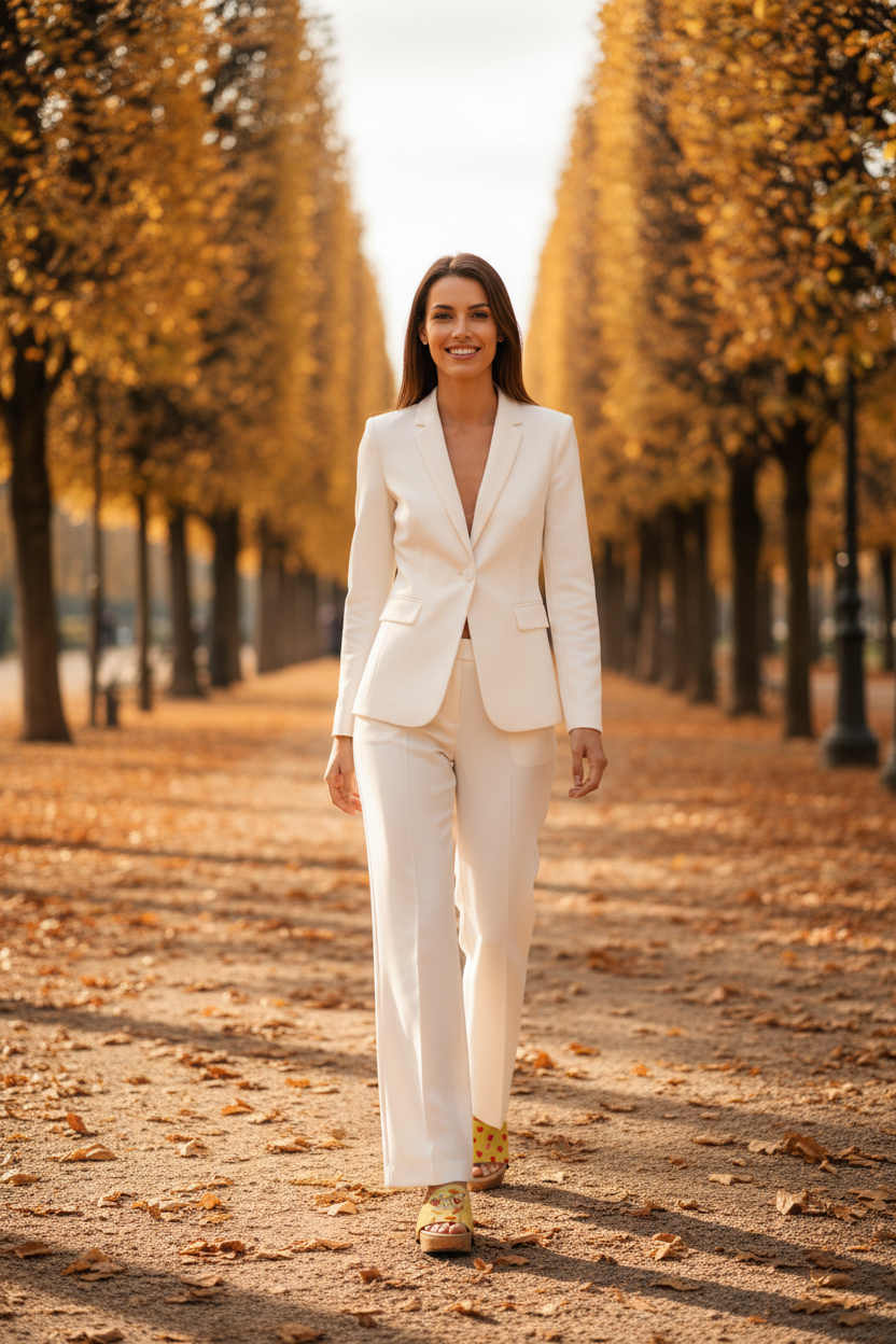 woman wearing Love Cat Soule cork wedge sandals in smart casual white outfit in breathtaking golden autumn Parisian park
