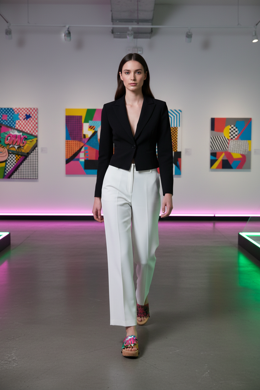 woman wearing OMG Soule cork wedge sandals in smart casual outfit in bold contemporary pop art gallery