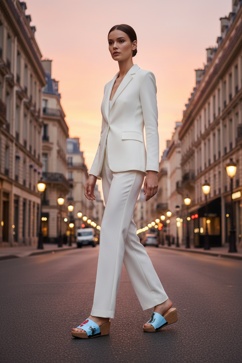 woman wearing Party Cat Soule cork wedge sandals in smart casual white outfit on breathtaking Parisian street at dusk