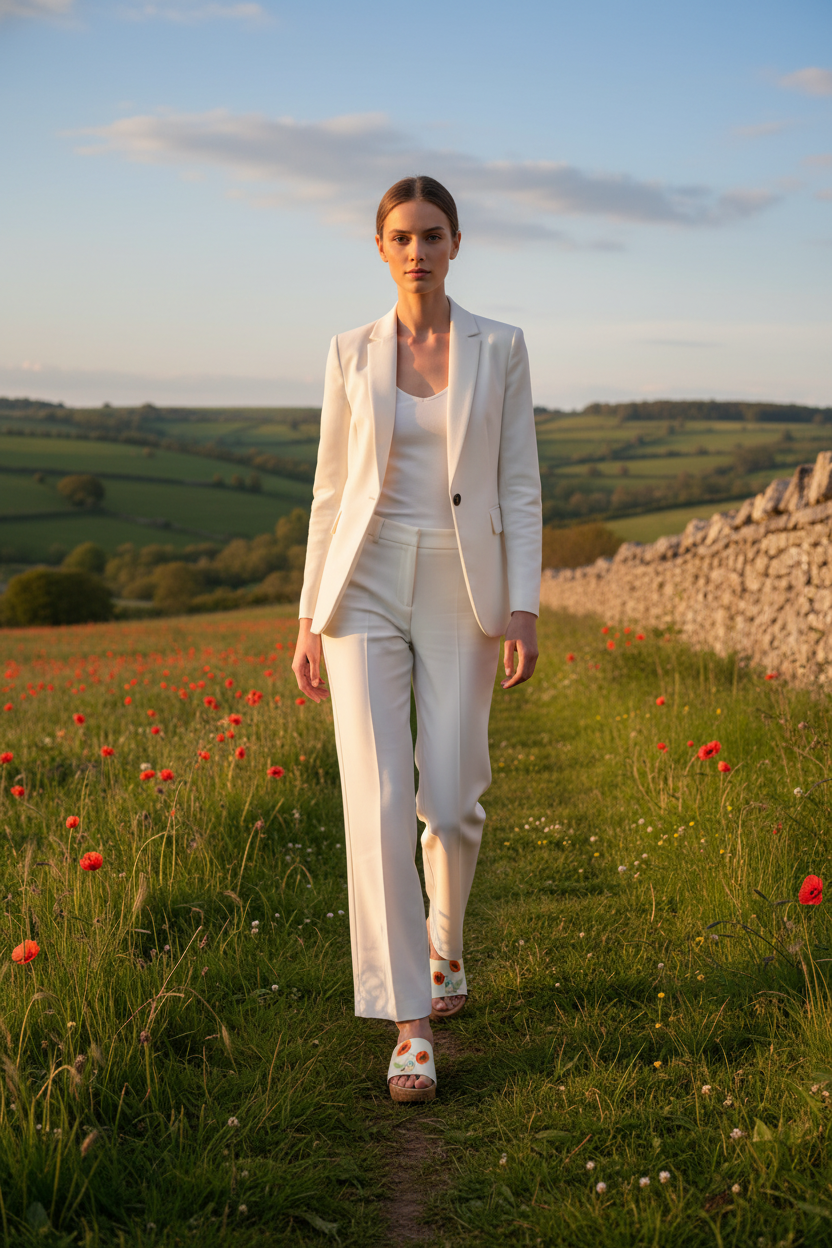 Full length woman wearing Poppy & Robin Soule cork wedge sandals in smart casual white outfit in breathtaking English countryside at golden hour