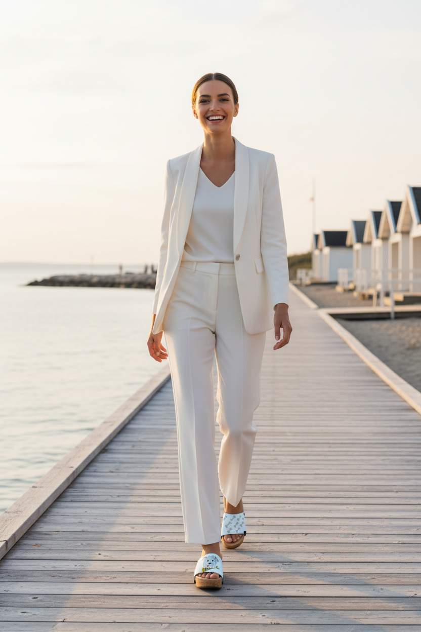 woman wearing Scruffy & Bones Soule cork wedge sandals in smart casual white outfit on breathtaking Scandinavian coastal boardwalk at golden hour