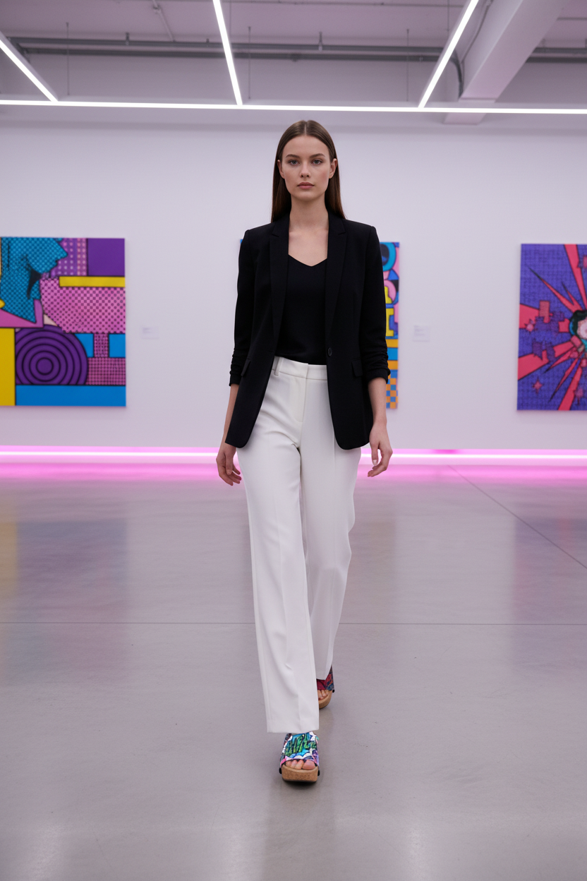 woman wearing Girl Power Soule cork wedge sandals in smart casual outfit in feminist pop art gallery