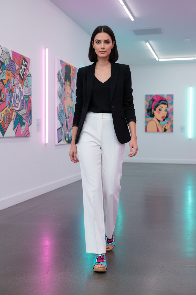 woman wearing Pop Diva Soule cork wedge sandals in smart casual outfit in glamorous pop art gallery