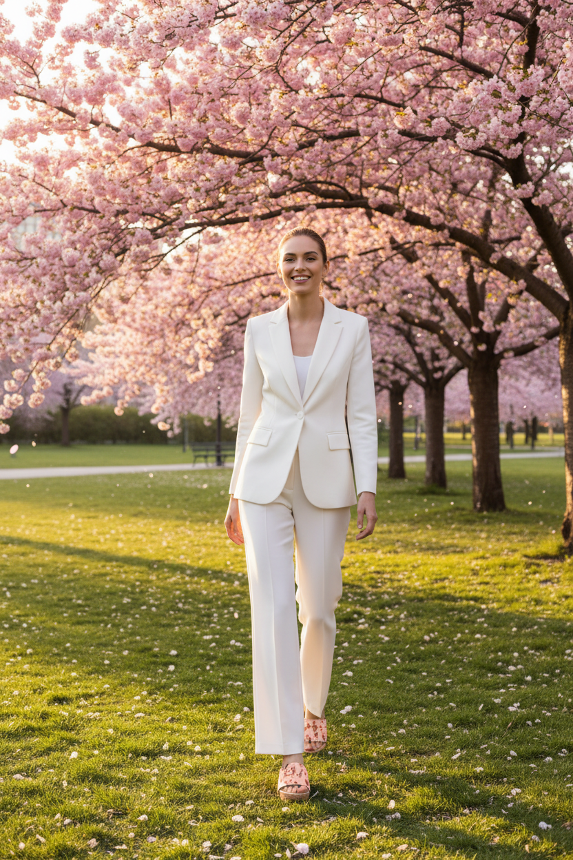 woman wearing Tiger Love Soule cork wedge sandals in smart casual white outfit in vibrant city park in spring
