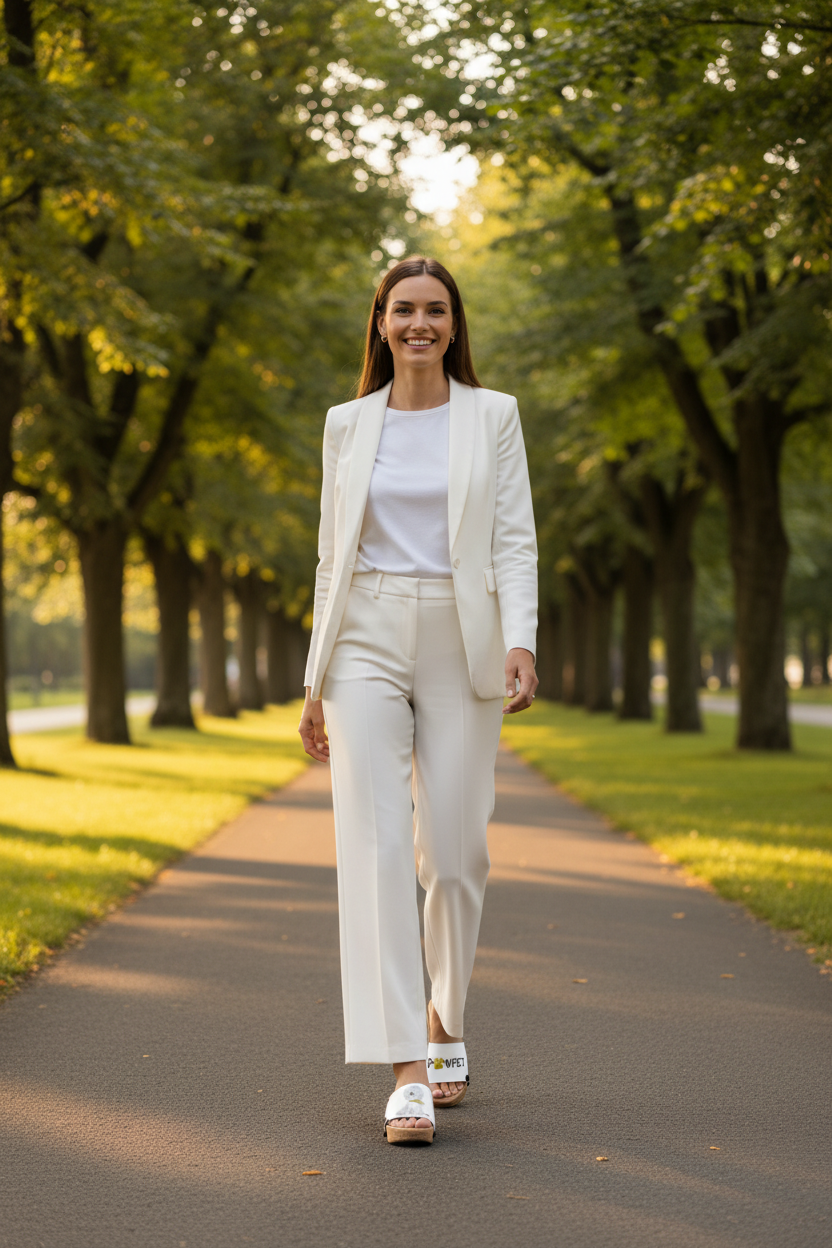 woman wearing Pawfect Soule cork wedge sandals in smart casual white outfit on breathtaking tree-lined park avenue at golden hour