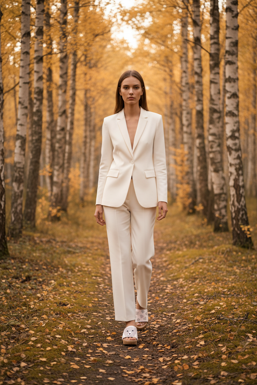 Slim woman wearing Bear Heart Soule cork wedge sandals in smart casual white outfit on breathtaking Scandinavian forest path in golden autumn light