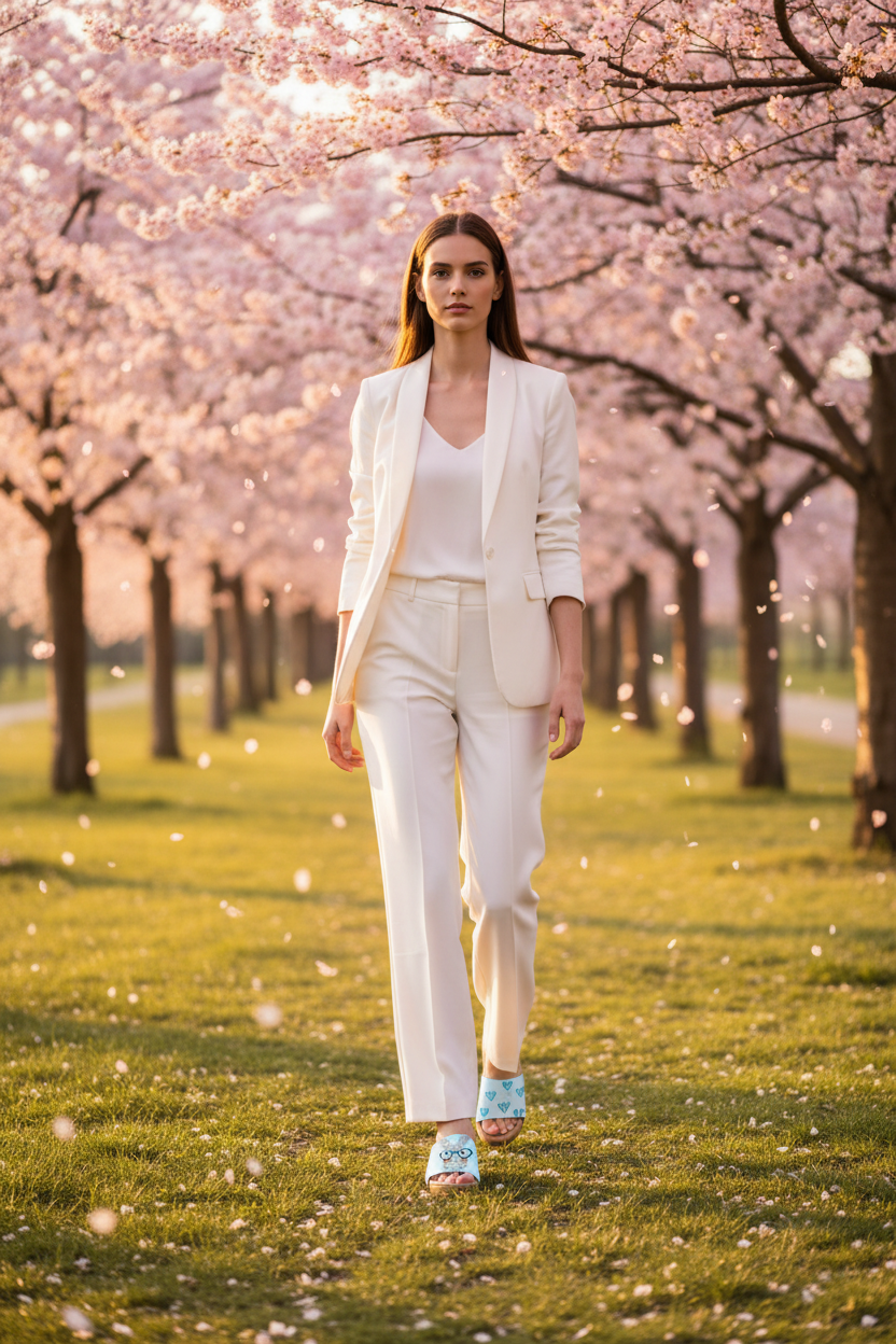 woman wearing Bunny Hearts Soule cork wedge sandals in smart casual white outfit in breathtaking spring cherry blossom park at golden hour
