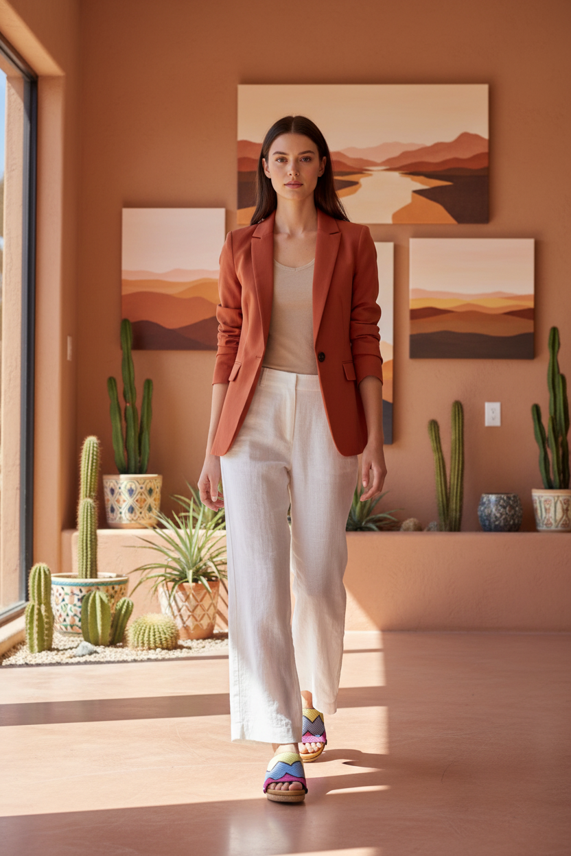 woman wearing Mountain Wave Soule wedge sandals in smart casual outfit in Californian desert art space
