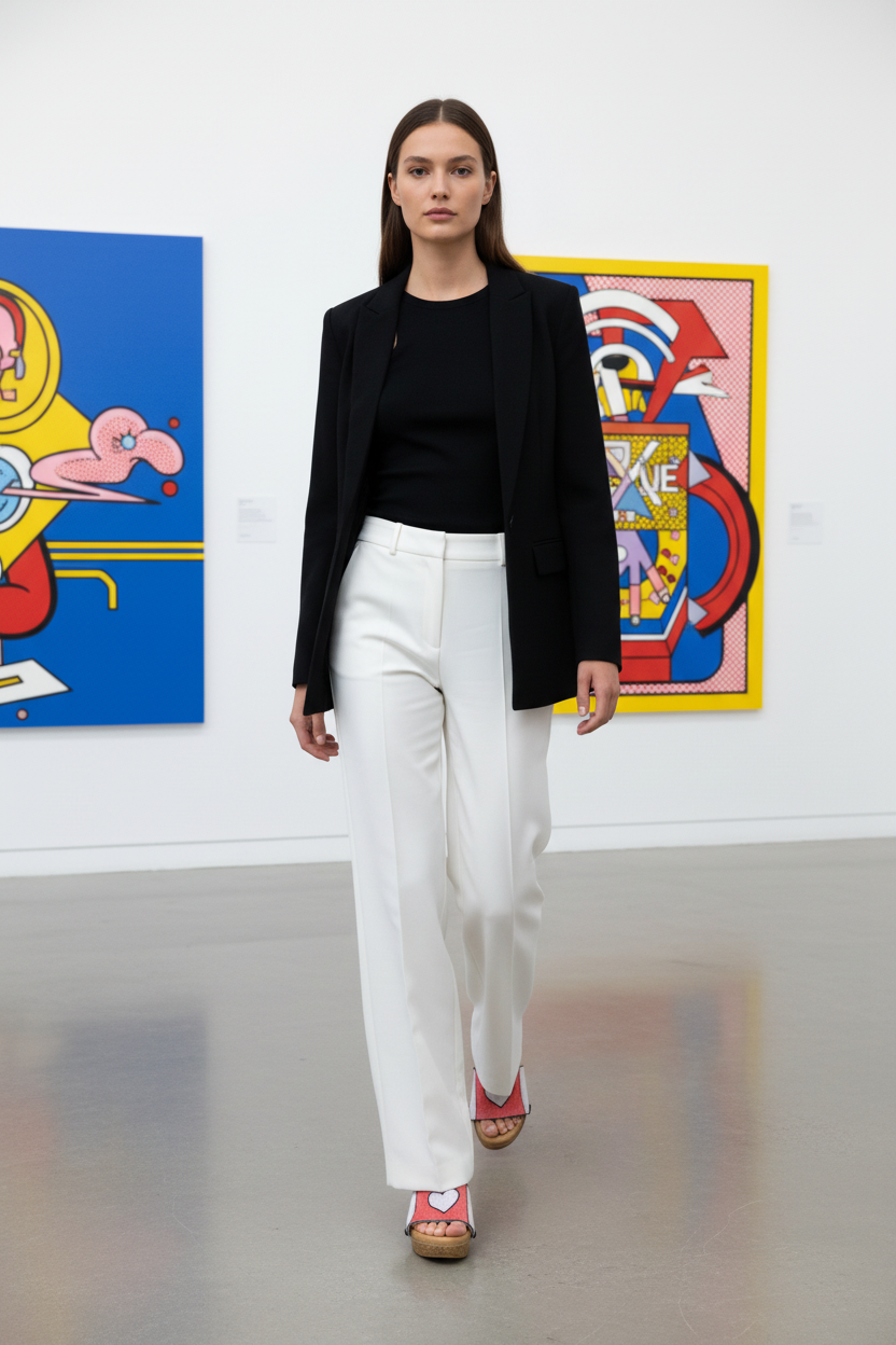 woman wearing Pop Heart Soule wedge sandals in smart casual outfit in contemporary pop art gallery