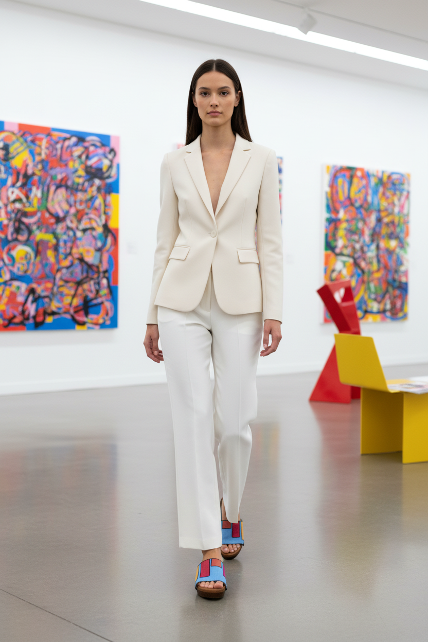 woman wearing Colour Block Soule wedge sandals in smart casual outfit in contemporary pop art gallery