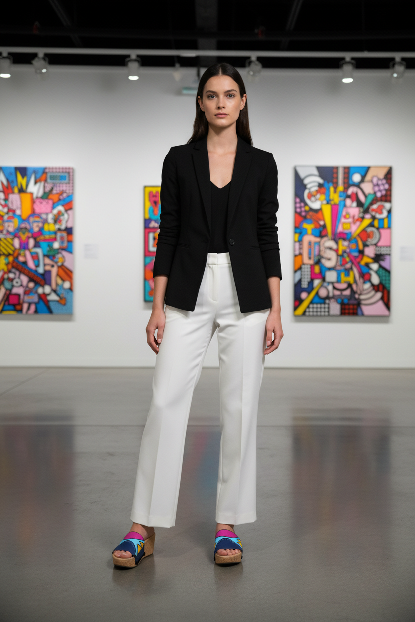  woman wearing Comic Burst Soule wedge sandals in smart casual outfit in contemporary pop art gallery