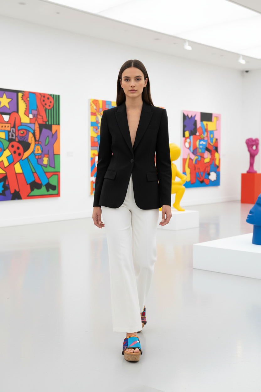 woman wearing Pop Life Soule wedge sandals in smart casual outfit in contemporary pop art gallery