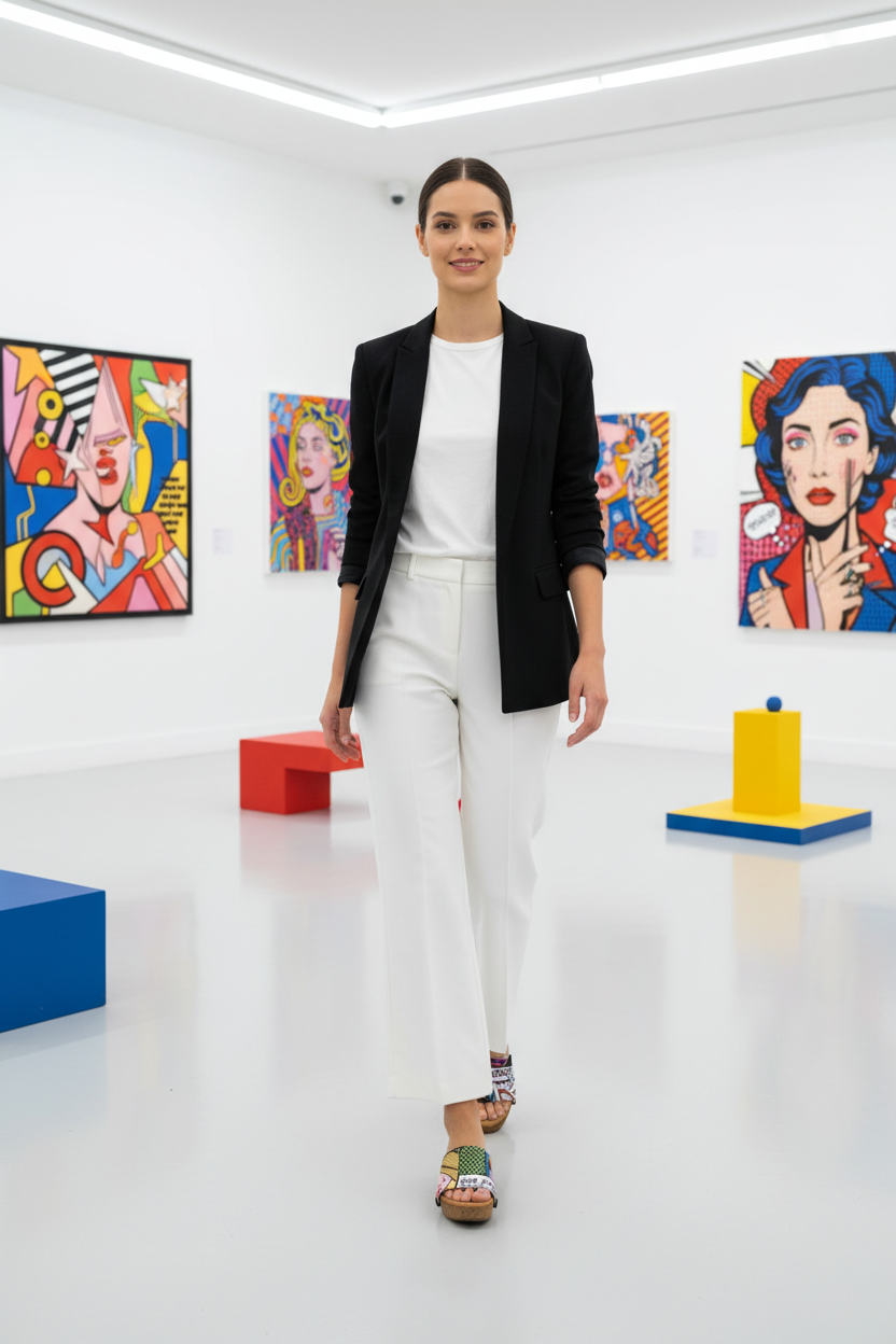 woman wearing Gossip Girl Soule wedge sandals in smart casual outfit in contemporary pop art gallery