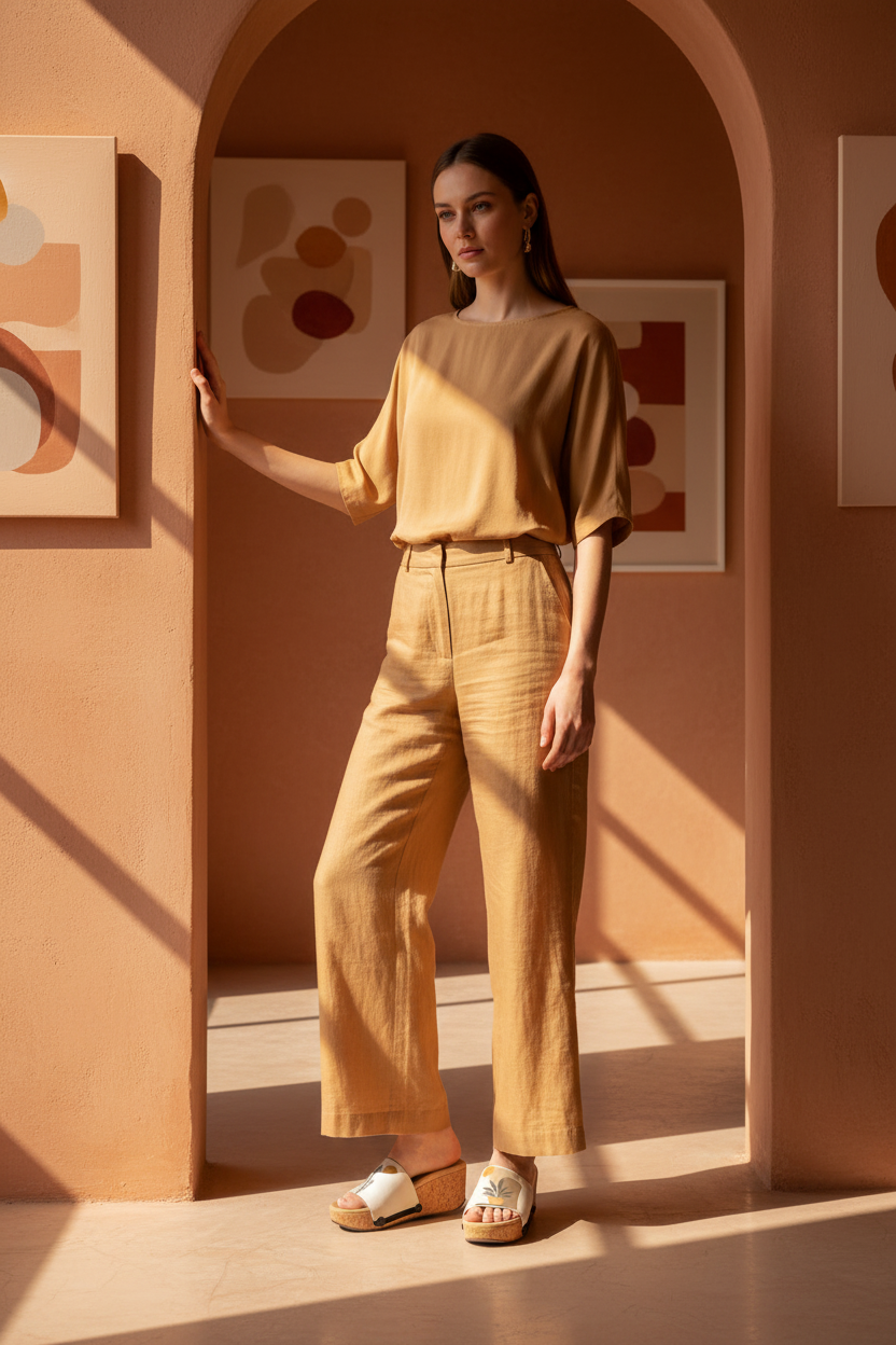 Slim woman wearing Desert Dream Soule wedge sandals in smart casual outfit in sun-drenched adobe space