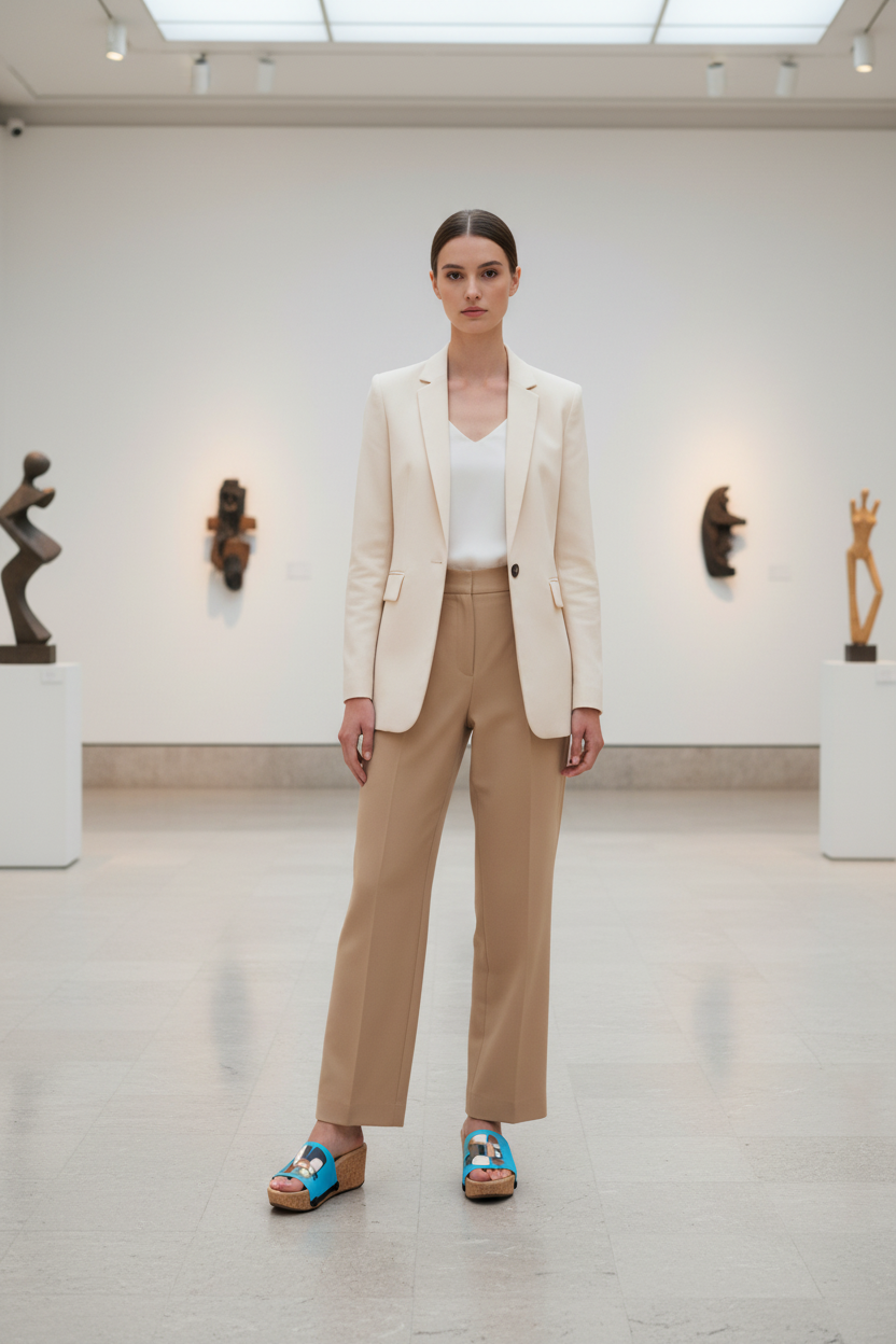 Slim woman wearing Modern Muse Soule wedge sandals in smart casual outfit in modernist art gallery