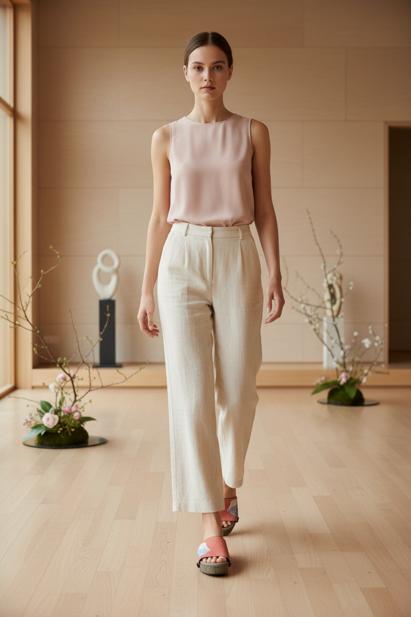 Woman wearing Elegant Modern Art Soule wedge sandals in smart casual outfit in Japanese art space