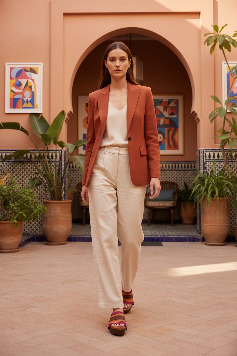 woman wearing Sunset Wave Soule wedge sandals in smart casual outfit in Moroccan courtyard art space
