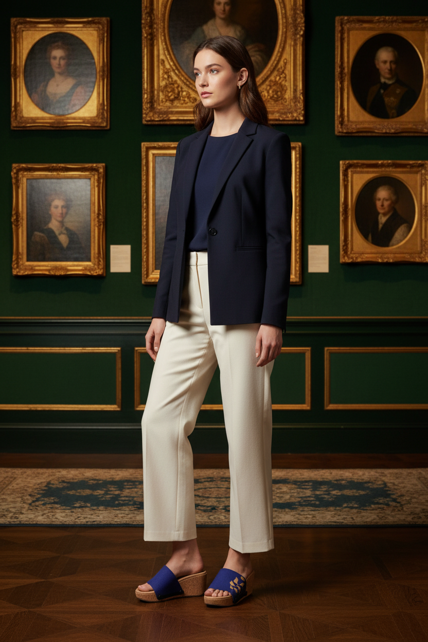 woman wearing Golden Leaf Soule wedge sandals in smart casual outfit in opulent art gallery