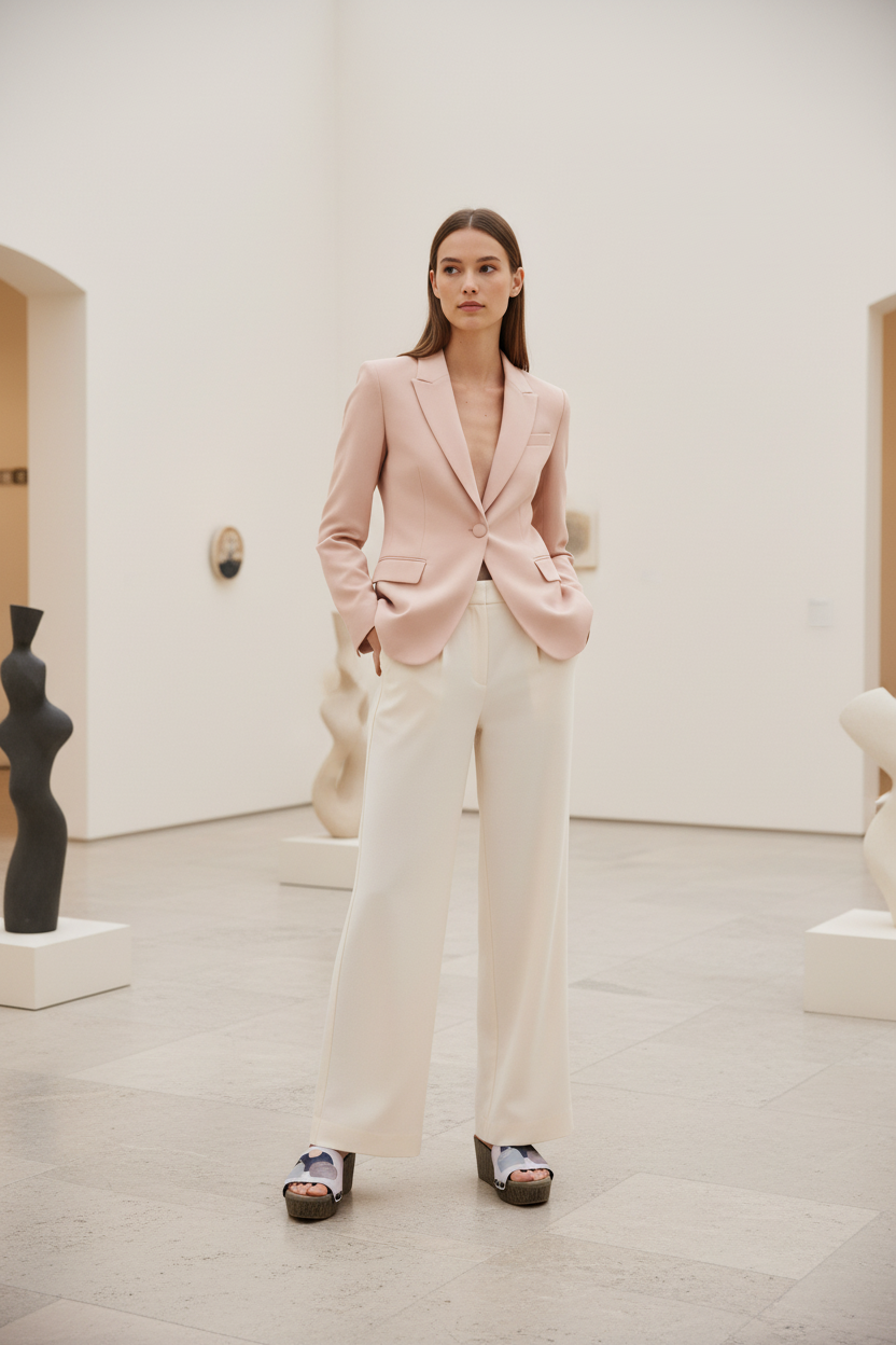 woman wearing Minimalist Elegance Soule wedge sandals in smart casual outfit in serene minimalist gallery
