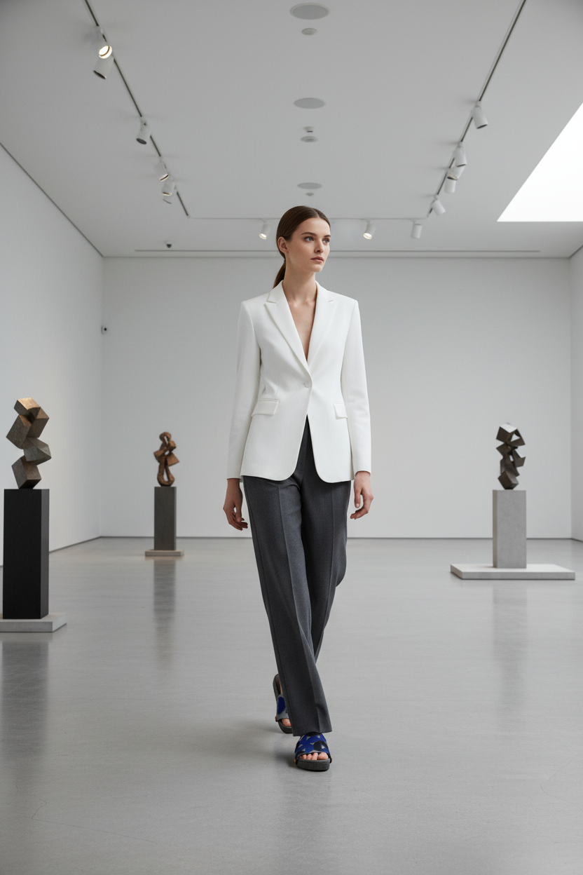 woman wearing Geometric Soule wedge sandals in smart casual outfit in sleek modernist gallery