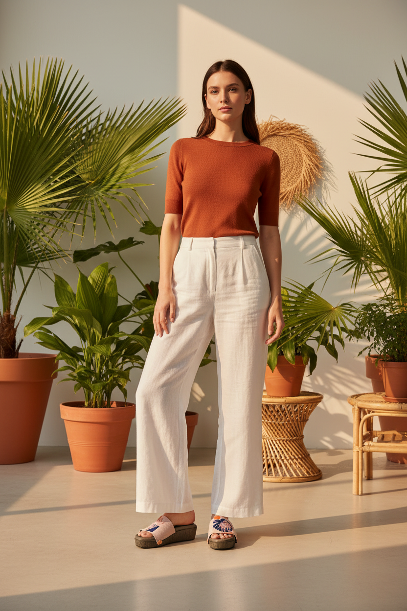 woman wearing Lush Leaf Soule flat sandals in smart casual outfit in tropical modernist art space
