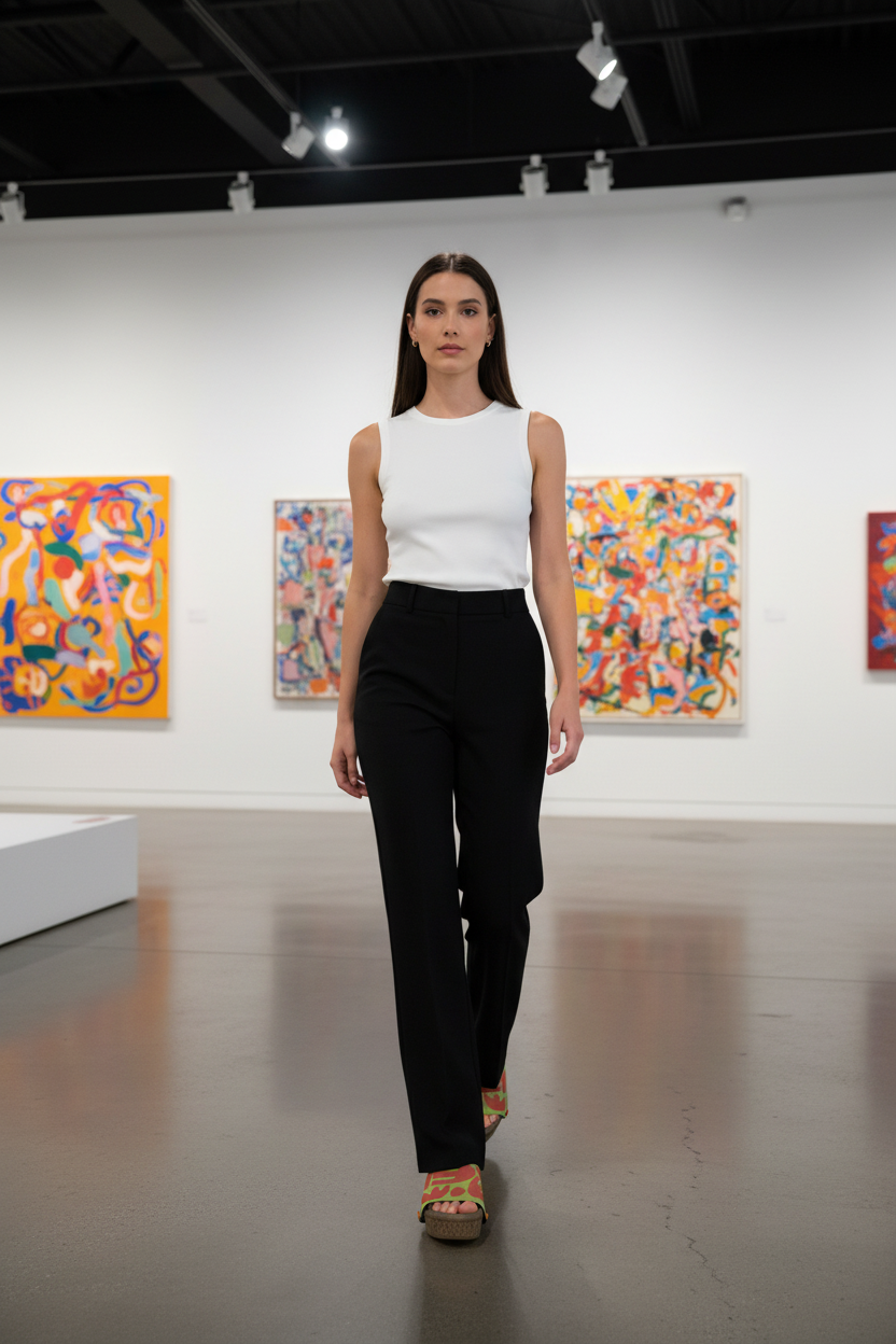 Woman wearing Regal Portraits Soule wedge sandals in smart casual outfit in vibrant art gallery