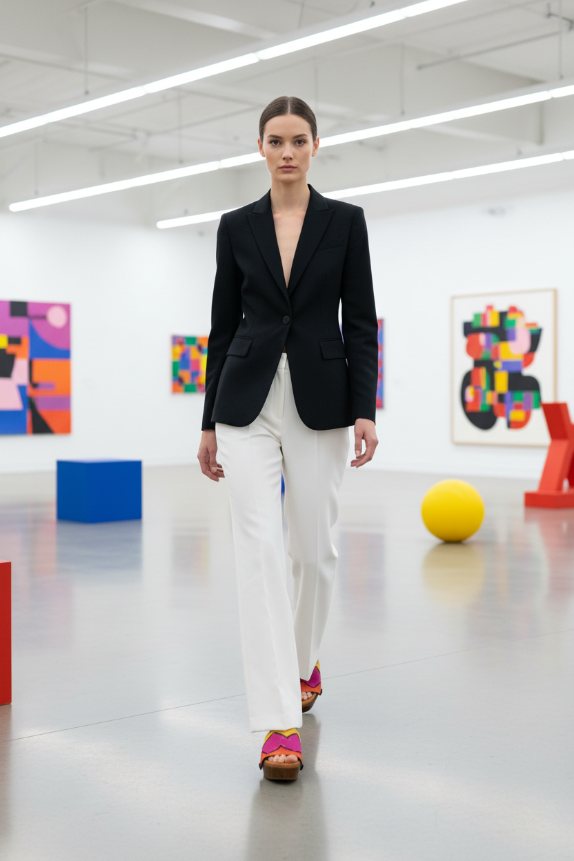 woman wearing Zigzag Soule wedge sandals in smart casual outfit in vibrant contemporary design gallery