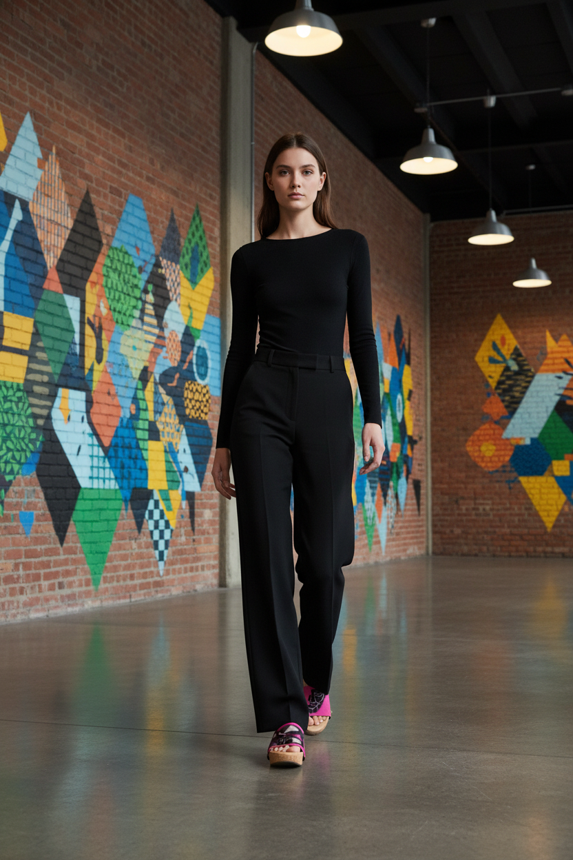 woman wearing Neo Expression Soule wedge sandals in smart casual outfit in urban street art gallery