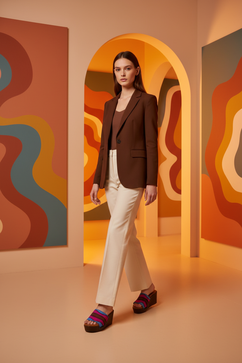 woman wearing Retro Wave Soule wedge sandals in smart casual outfit in warm retro art space