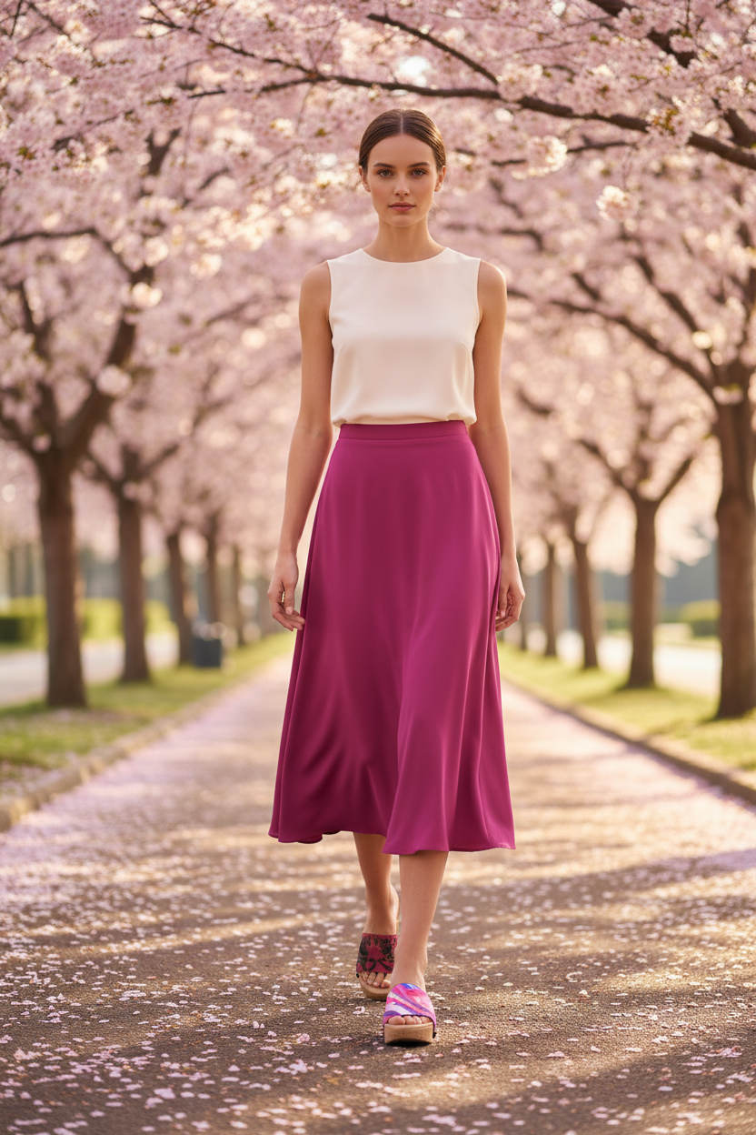  Woman wearing Pink Fluid Art Soule wedge sandal in smart casual outfit in garden