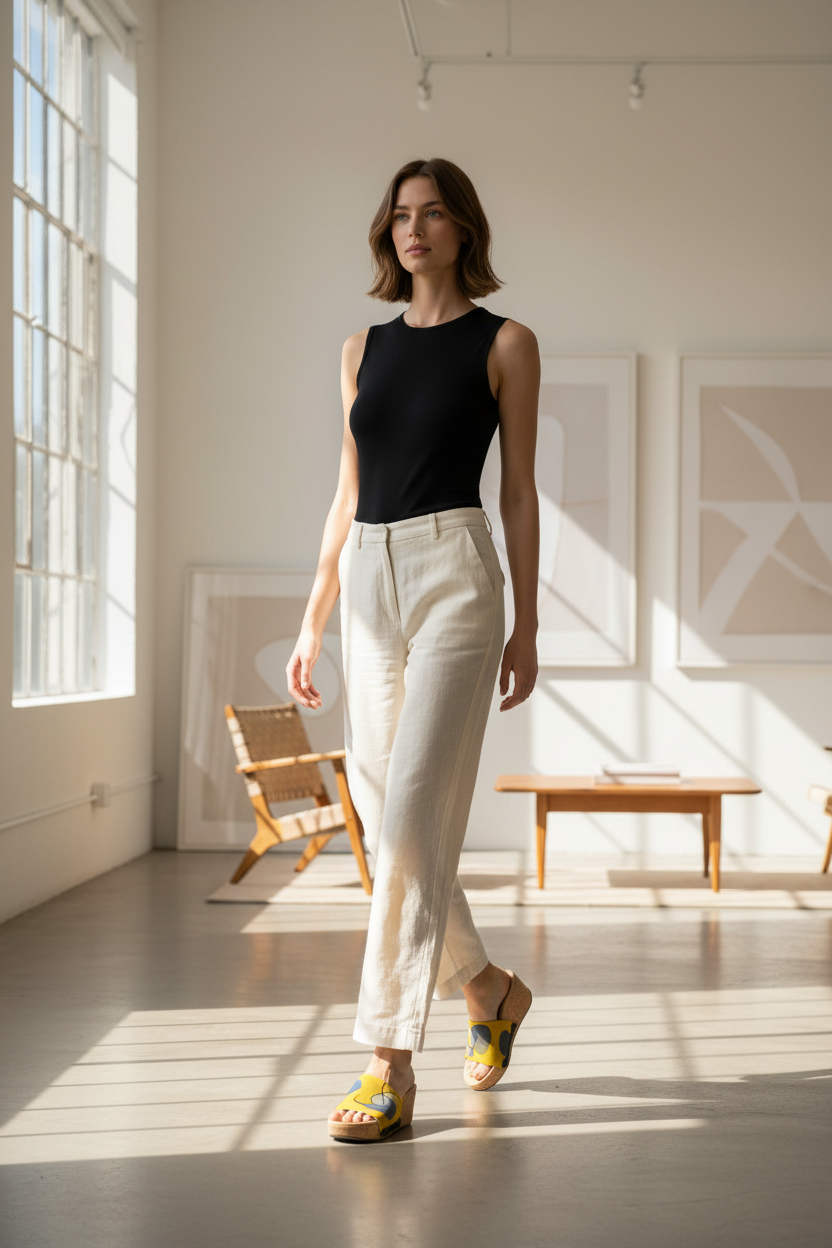 Slim woman wearing Abstract Pebbles Soule wedge sandal in smart casual outfit in Scandi design space