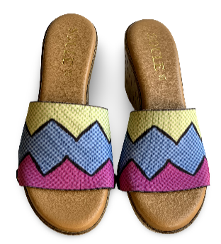 Zigzag Zest snap-on shoe strap close-up on cork wedge - lime, sky blue and pastel pink retro zigzag by Soule