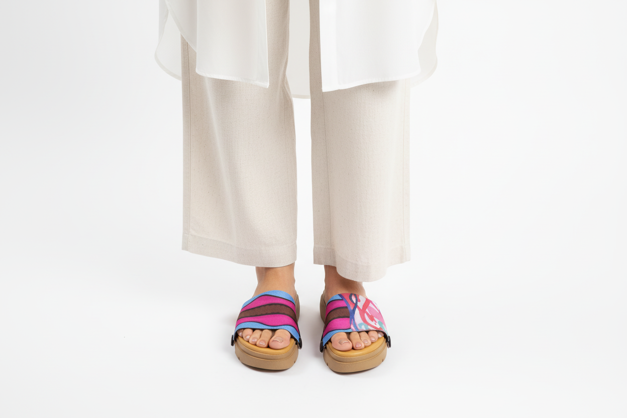Person wearing Twinkle Toes Beige Sole – Soule interchangeable women's sandal sole, available in UK 3–8