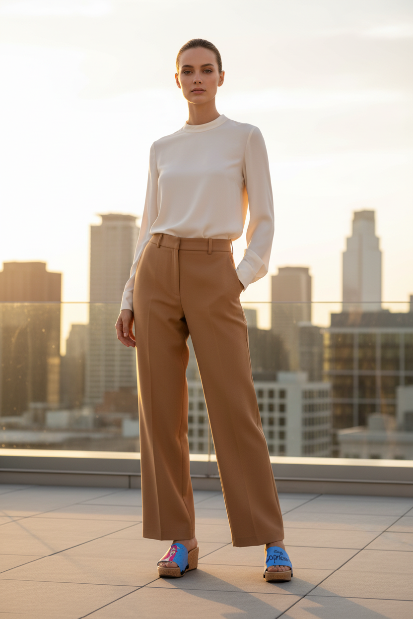 Full length shot of slim model in tailored cream outfit wearing Lively Capricorn zodiac cork wedge sandals on a modern rooftop terrace with city skyline by Soule Footwear