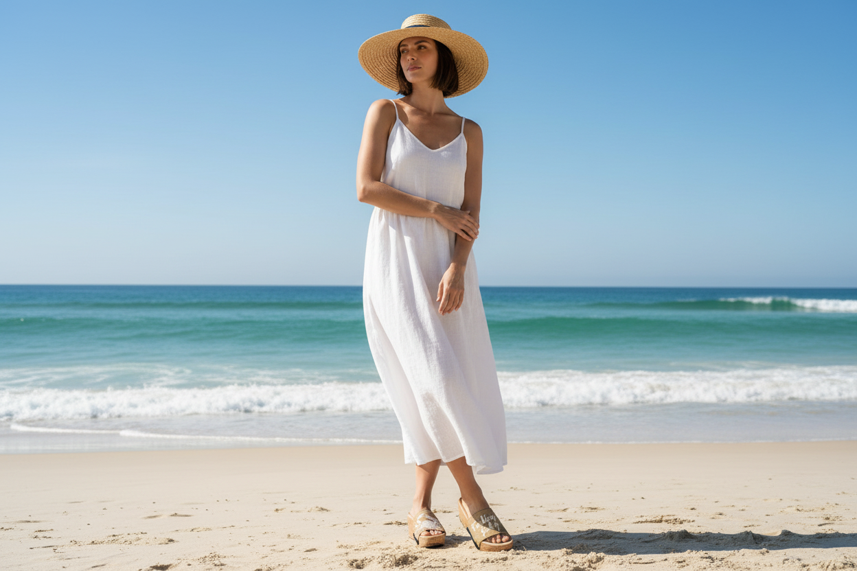 Full-length beach styling shot of woman wearing Feeling Salty Soule sandals