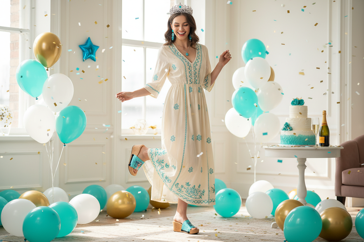 Full length shot of slim model in flowy white chiffon dress wearing Dreamy Pisces zodiac cork wedge sandals in a  birthday celebration by Soule Footwear