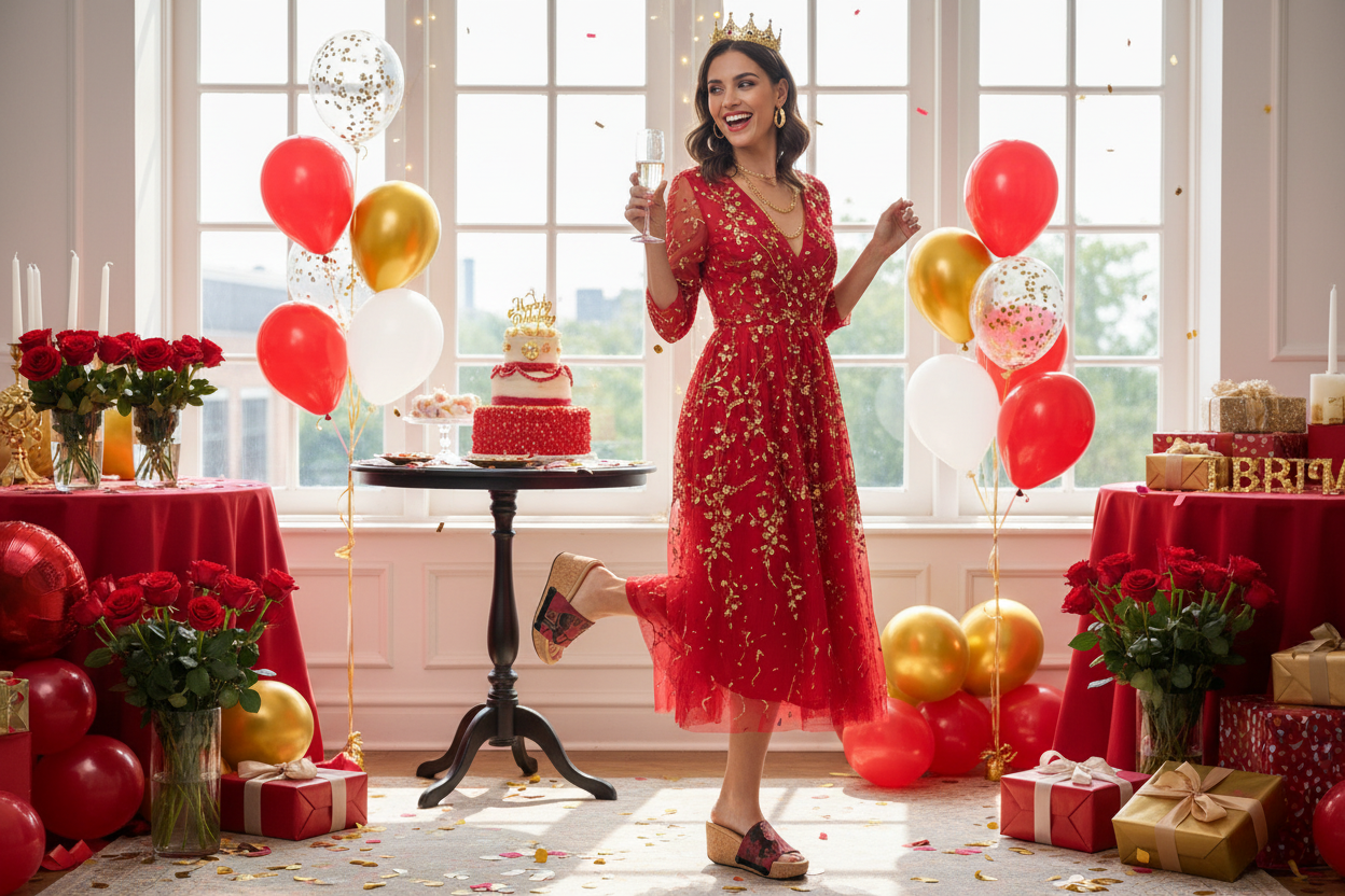 Full length shot ofbirthday celebration slim model inred shimmery dress wearing Fiery Scorpio zodiac cork wedge sandals  by Soule Footwear 