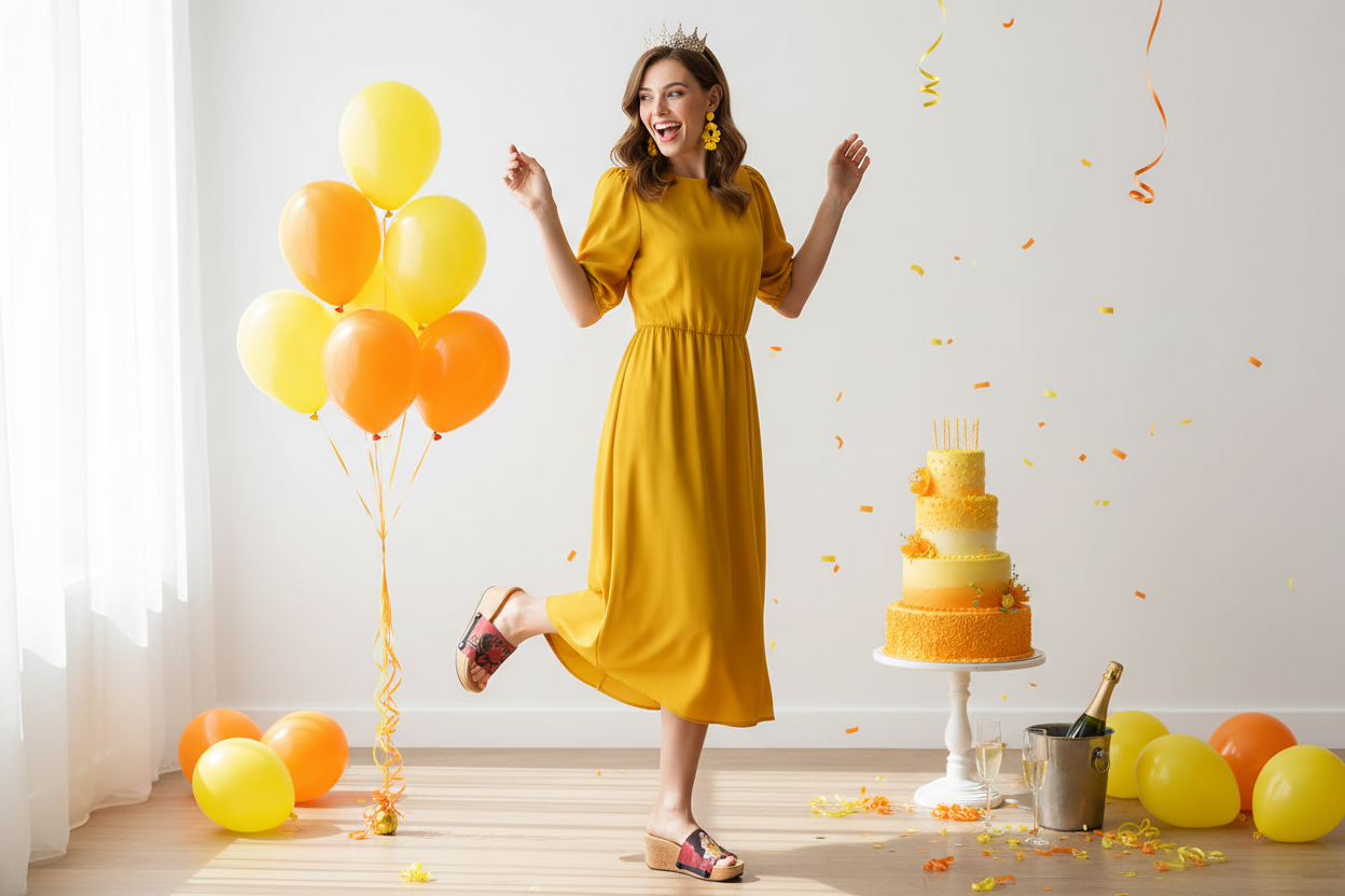 Full length shot of slim model in yellow dress wearing yellow Chatty Gemini zodiac cork wedge sandals in a birthday celebration by Soule Footwear