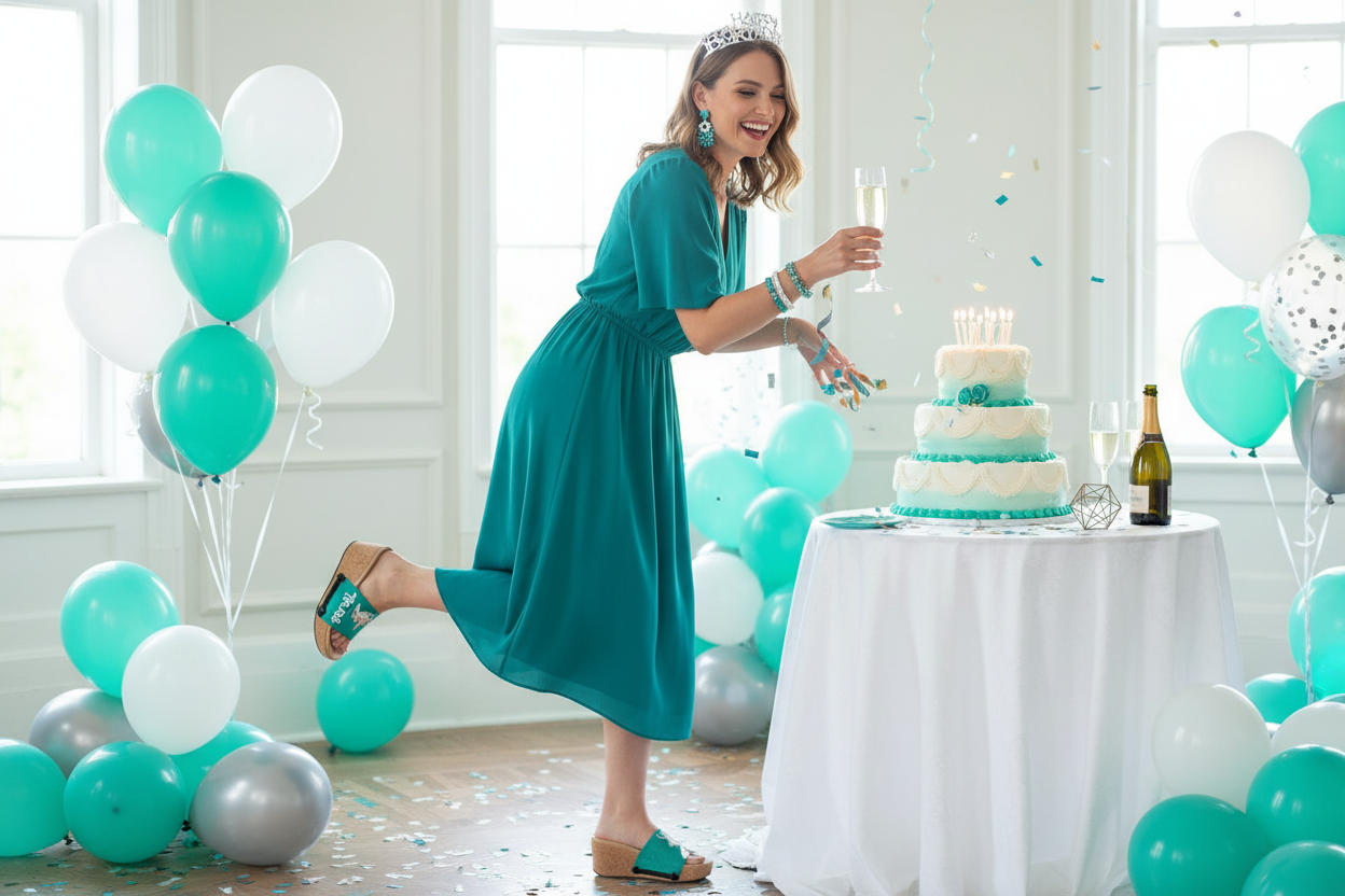 Full length shot of slim model in flowy sage green midi dress wearing Stubborn Taurus zodiac cork wedge sandals in a birthday celebration by Soule Footwear