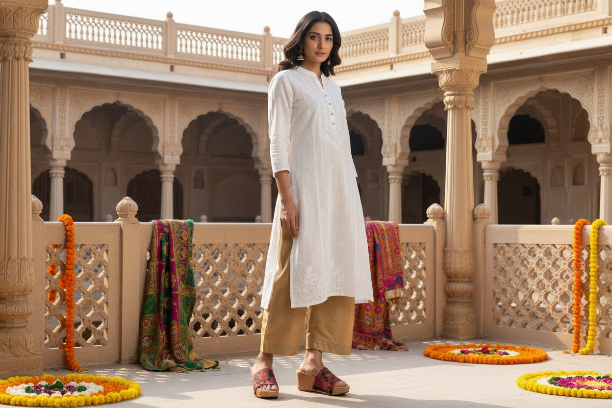 Full-length model shot wearing Royal Mandala Soule strap – Indian styling, casual daywear ethnic sandal