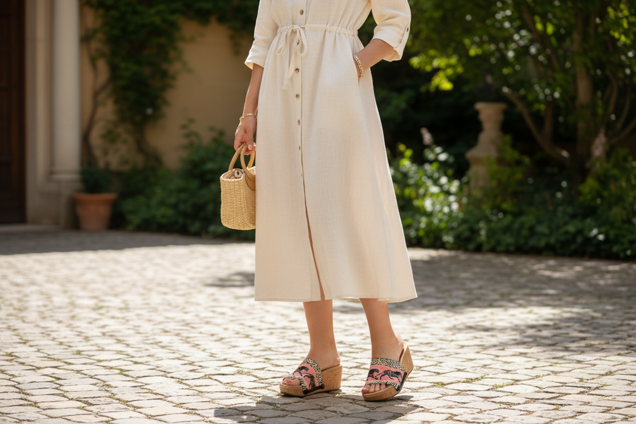 woman wearing Wild Majesty Soule cork wedge sandals in smart casual outfit -  animal print leopard  strap set