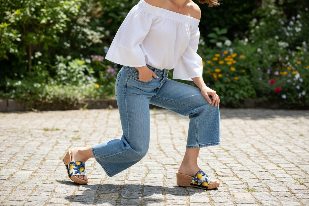 Full length shot of model in white top and jeans walking in Lemon Grove citrus print cork wedge sandals outdoors by Soule Footwear