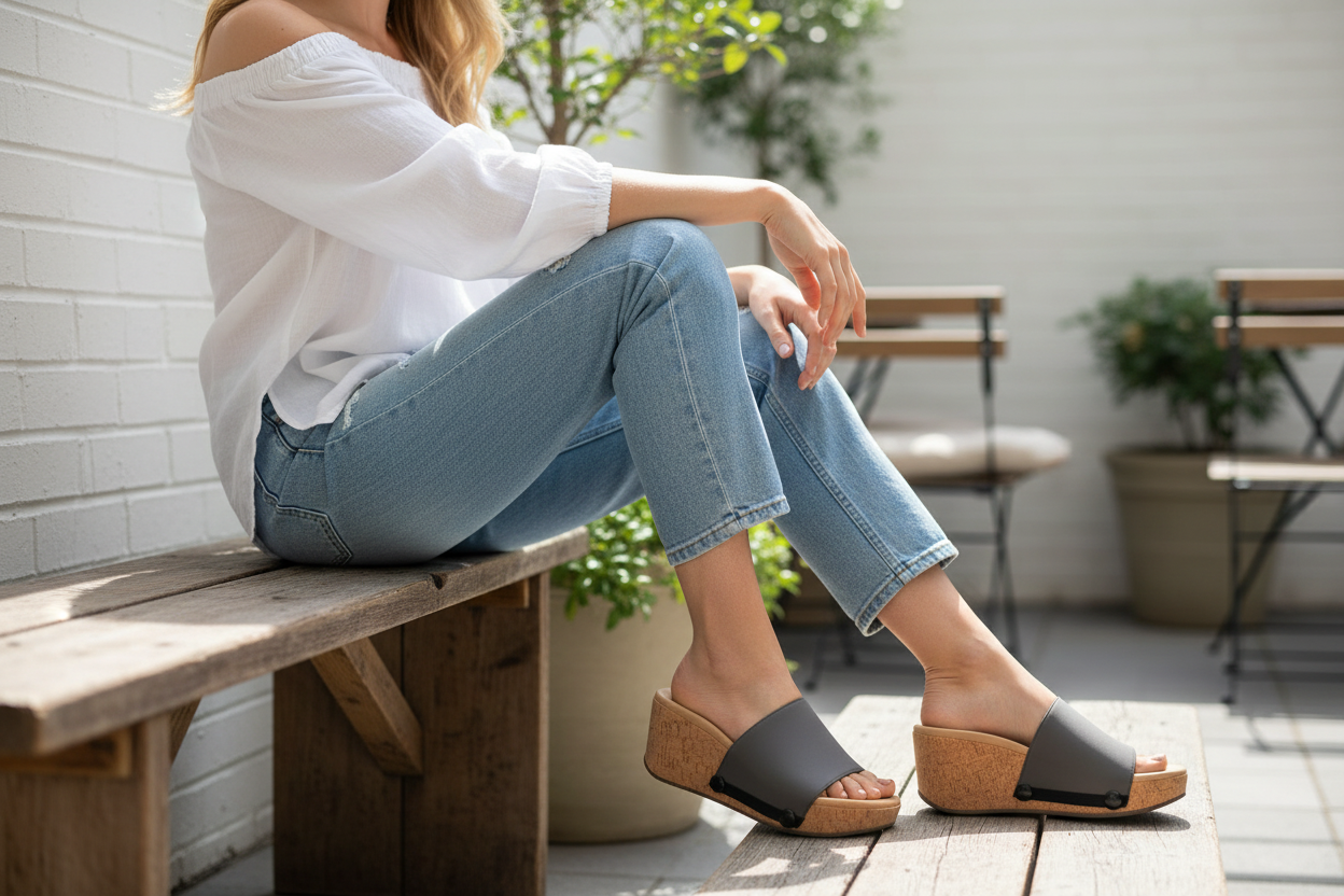 Mid shot of slim model wearing Slate Serenity grey Soule sandals in casual outfit
