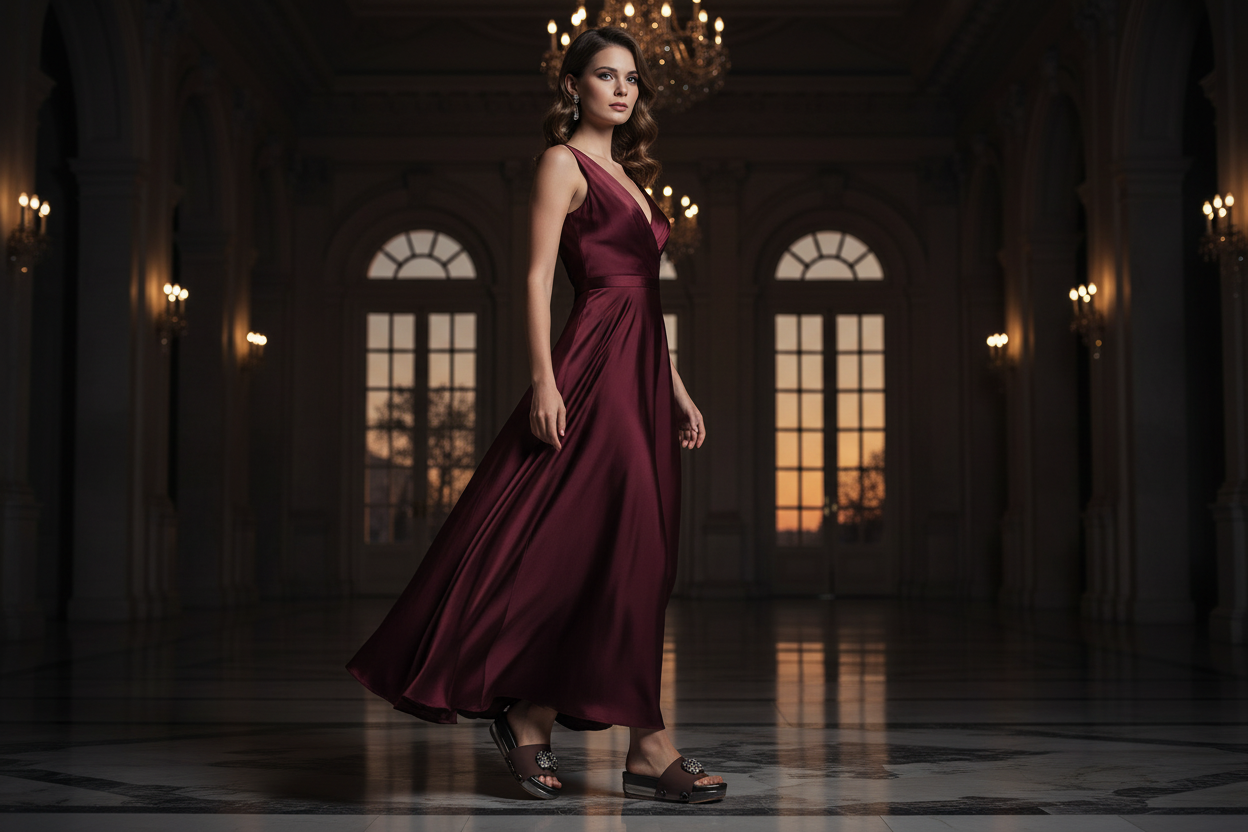 Model in red gown wearing Soule Silver Bow Brooch on sandals in an elegant evening setting