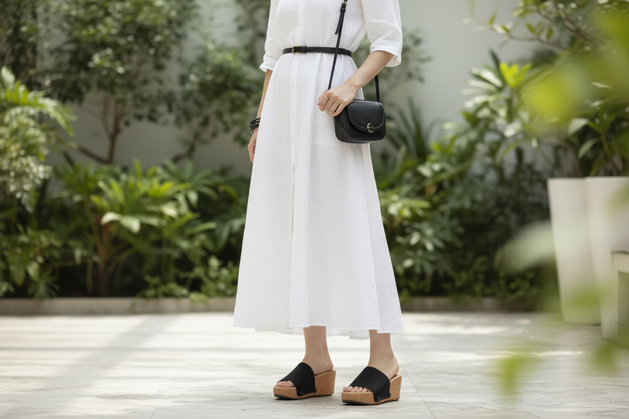 Full-length shot of slim model wearing Midnight Black Soule wedge sandals in white outfit on city street