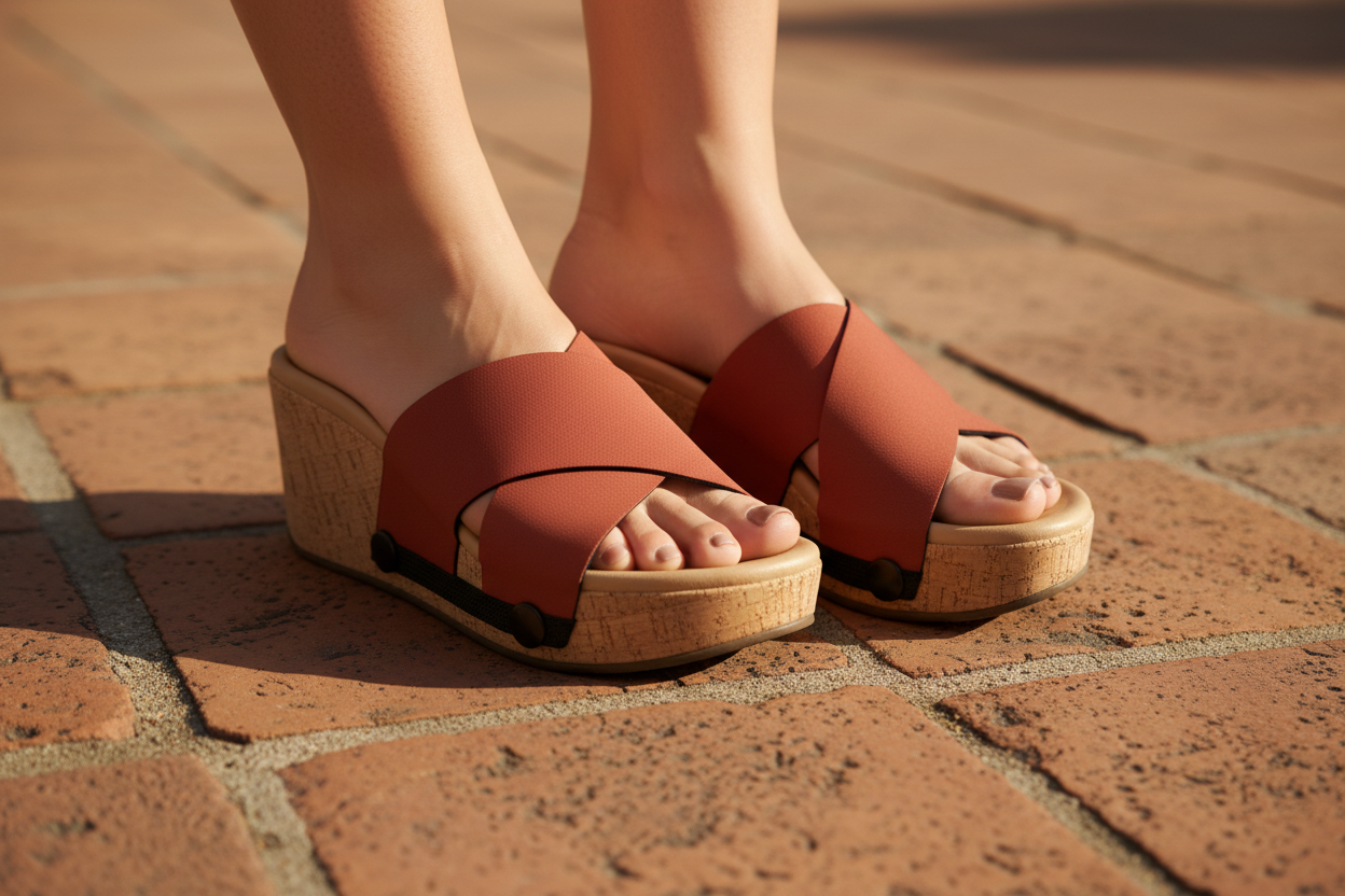 Close-up of cork wedge slide sandals with black snap clips and rich maroon terracotta criss-cross straps on warm aged stone pavement by Soule Footwear