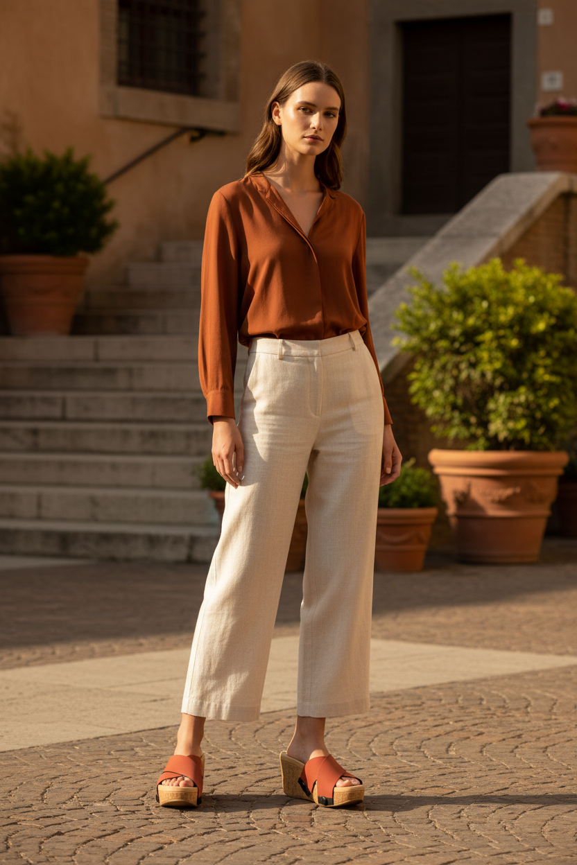 Full length shot of slim model in flowing rust midi dress wearing Maroon Criss Cross cork wedge sandals on a warm Mediterranean stone terrace by Soule Footwear