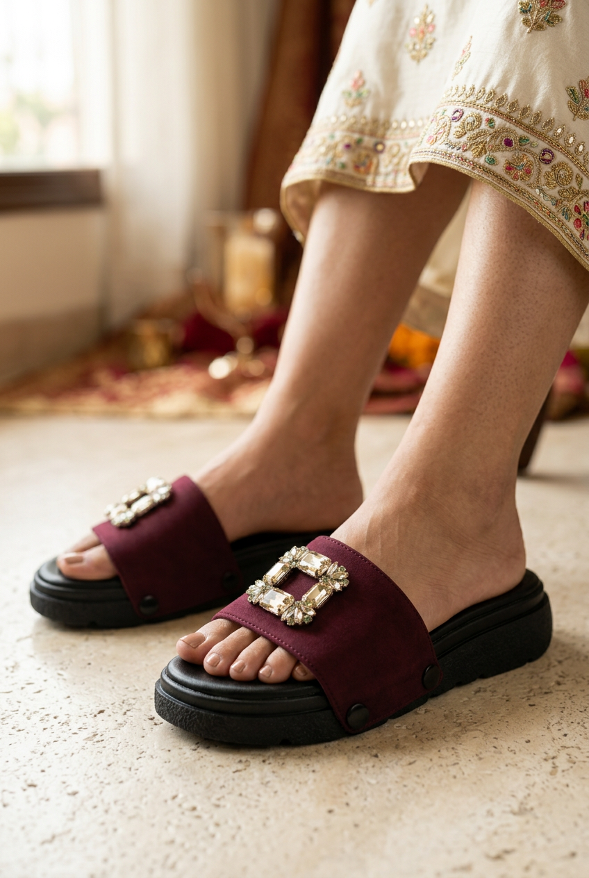 Maroon Embellished Sandals – 1-Strap Combo